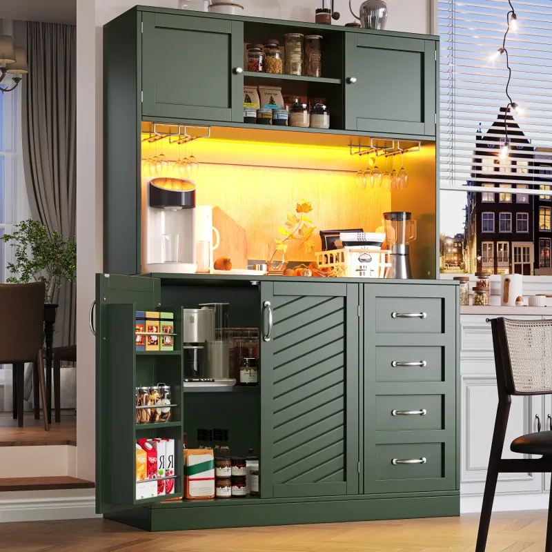 Kitchen Larder Cupboard with App-Controlled LED Lighting and Bottle Storage, Green
