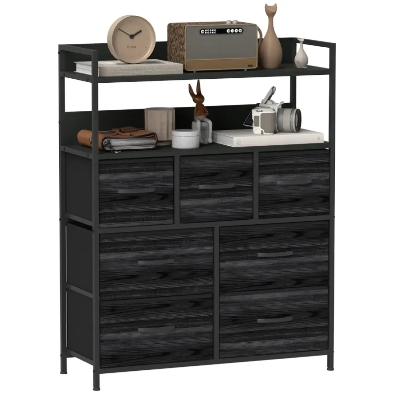 Rustic Industrial 7 Drawer Fabric Chest of Drawers with Shelves - Black