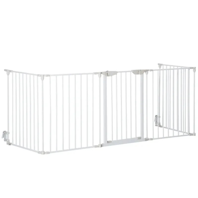 5-Panel White Metal Pet Playpen and Safety Gate with Auto-Close Door