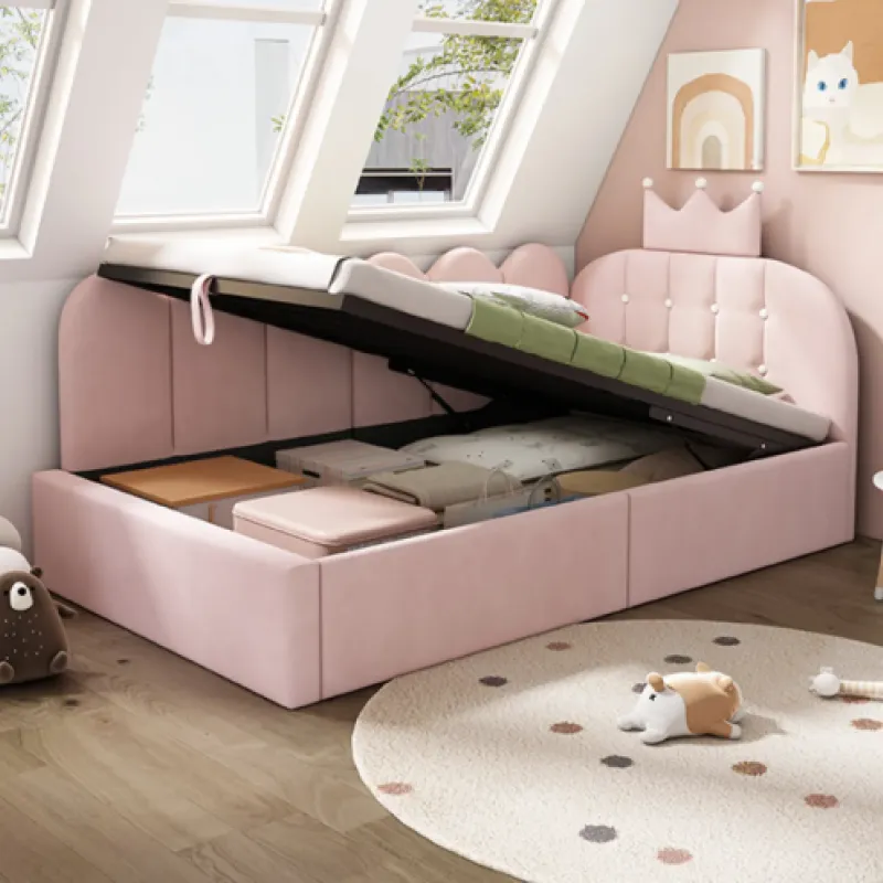 Velvet Upholstered Daybed, Single, in Pink, with Hydraulic Storage and Crown Headboard