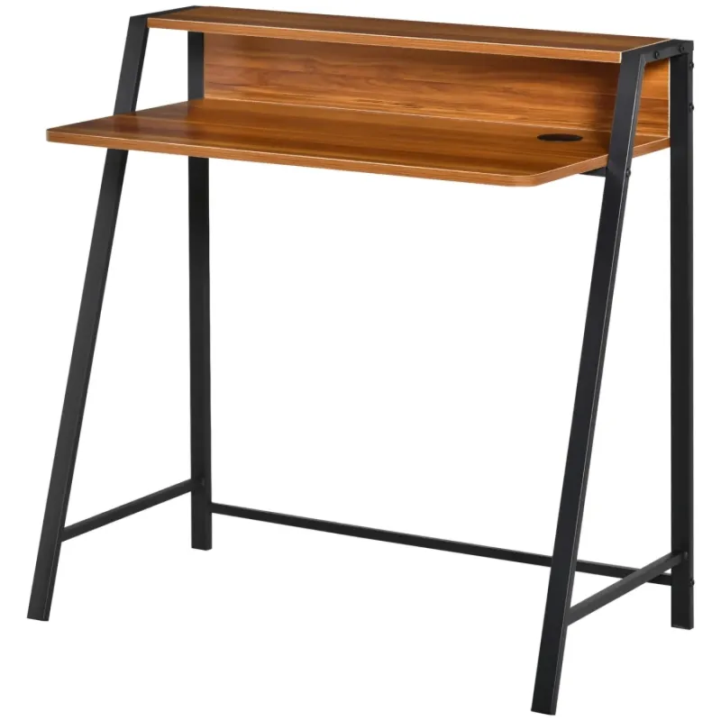 Writing Desk with Storage Shelf and Metal Frame, Walnut