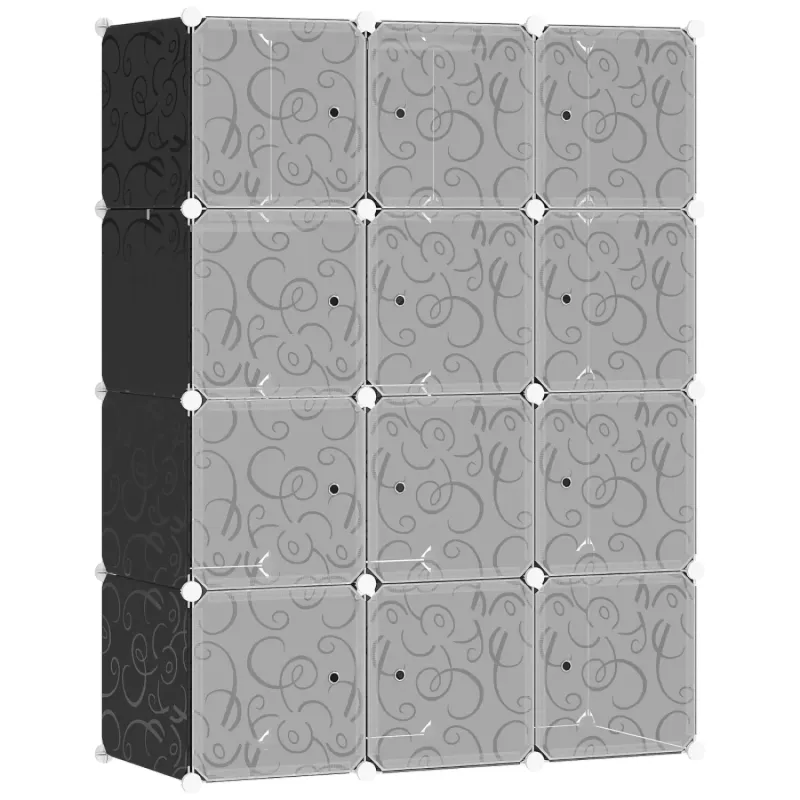 Modular 12-Cube Portable Wardrobe with 2 Hanging Rails - White and Black