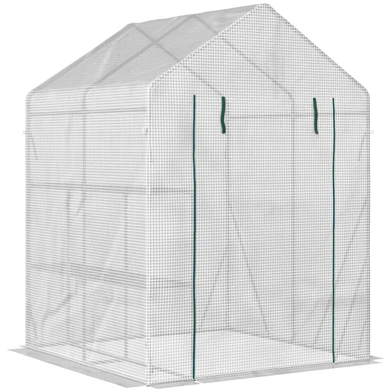 Walk-In Greenhouse with 2-Tier Shelving, 143 x 143 x 195cm - Green