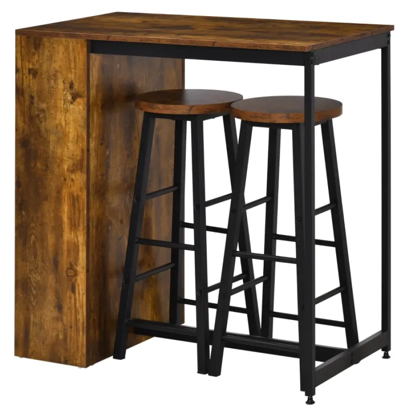 Industrial 3-Piece Bar Table Set with 2 Stools and Side Shelves – Brown