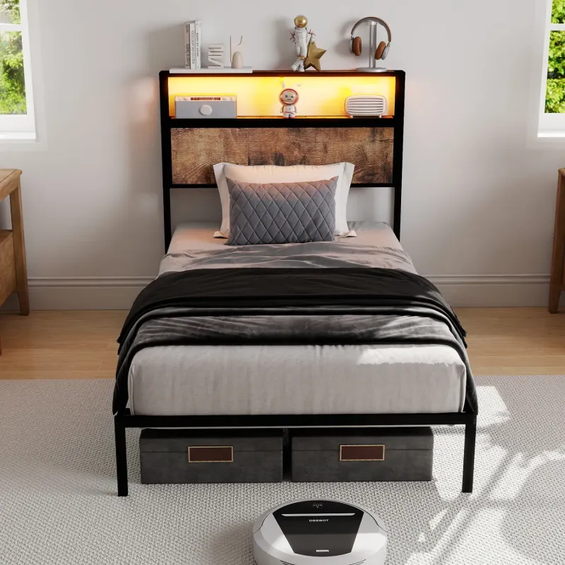 90cm Single Metal Bed Frame with RGB LED Storage Headboard