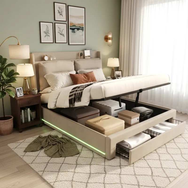 King Size Velvet Hydraulic Storage Bed with LED Lighting and End Drawers - Beige
