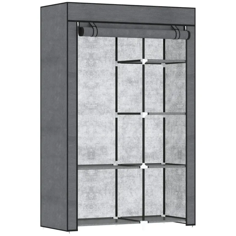 Fabric Wardrobe with 6 Shelves and Hanging Rail - Dark Grey