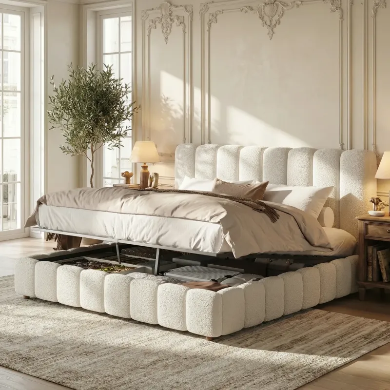 White Bouclé King Size Ottoman Storage Bed with Striped Headboard