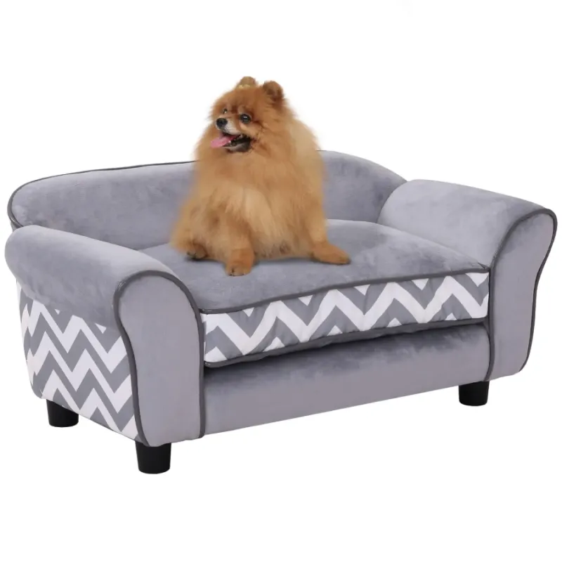 Grey Plush Pet Sofa Bed with Wooden Frame and Removable Cushion