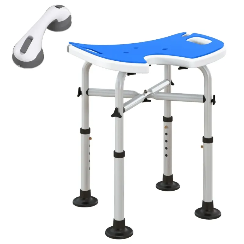 Height Adjustable Padded U-Shaped Shower Stool with Suction Grab Rail - Dark Blue
