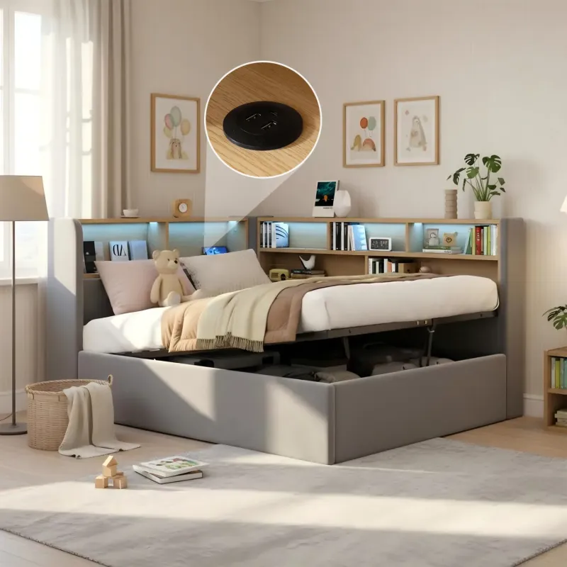 Velvet Daybed, Single, in Grey, with Hydraulic Storage, LED and USB Charging
