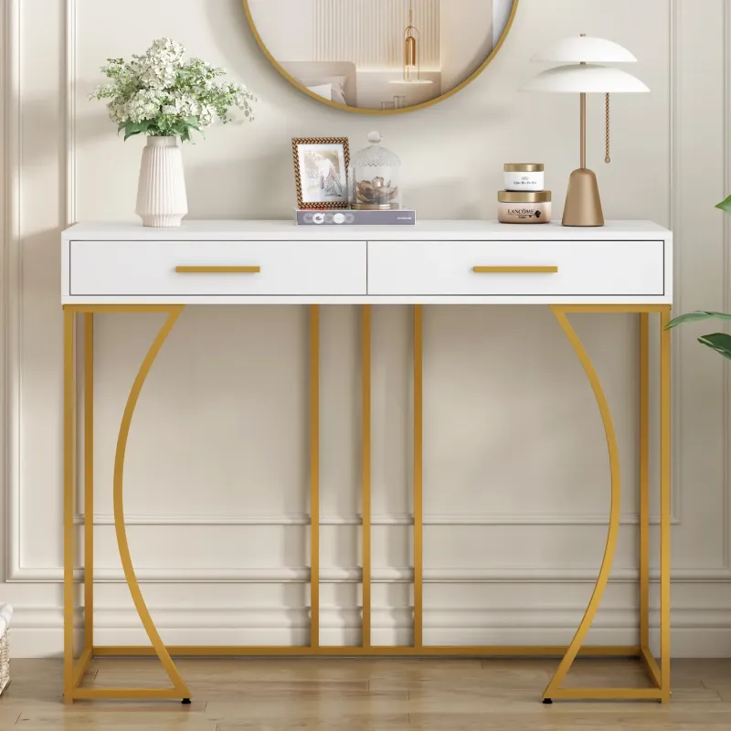 White and Gold Console Table with 2 Drawers - 110cm Narrow Hallway Table