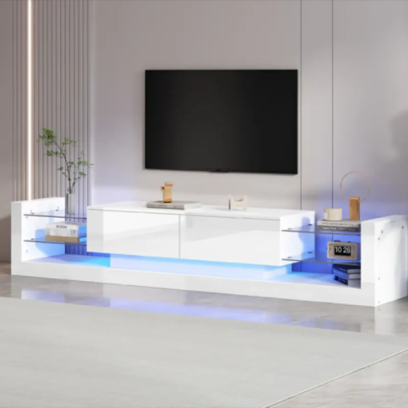 181cm White High Gloss LED TV Stand for TVs up to 75 Inches - 9 Storage Compartments