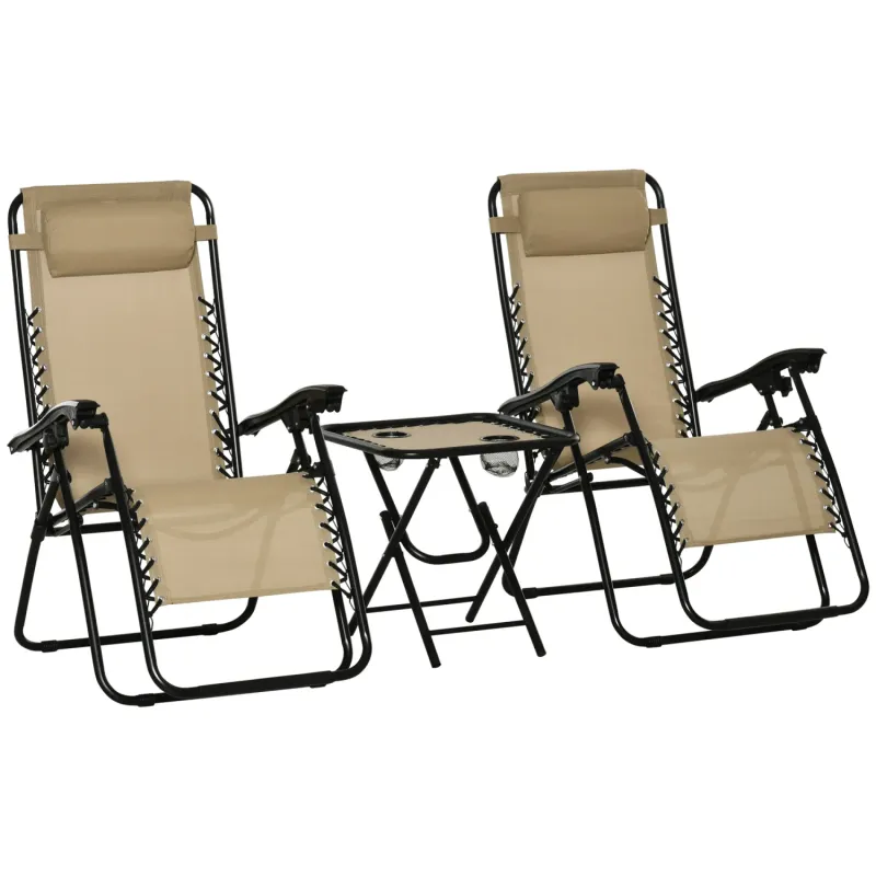 Folding Zero Gravity Sun Lounger and Side Table Set, 3 Piece - Beige
