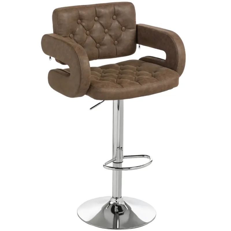  Button Tufted Swivel Bar Stool with Armrests and Height Adjustment - Coffee