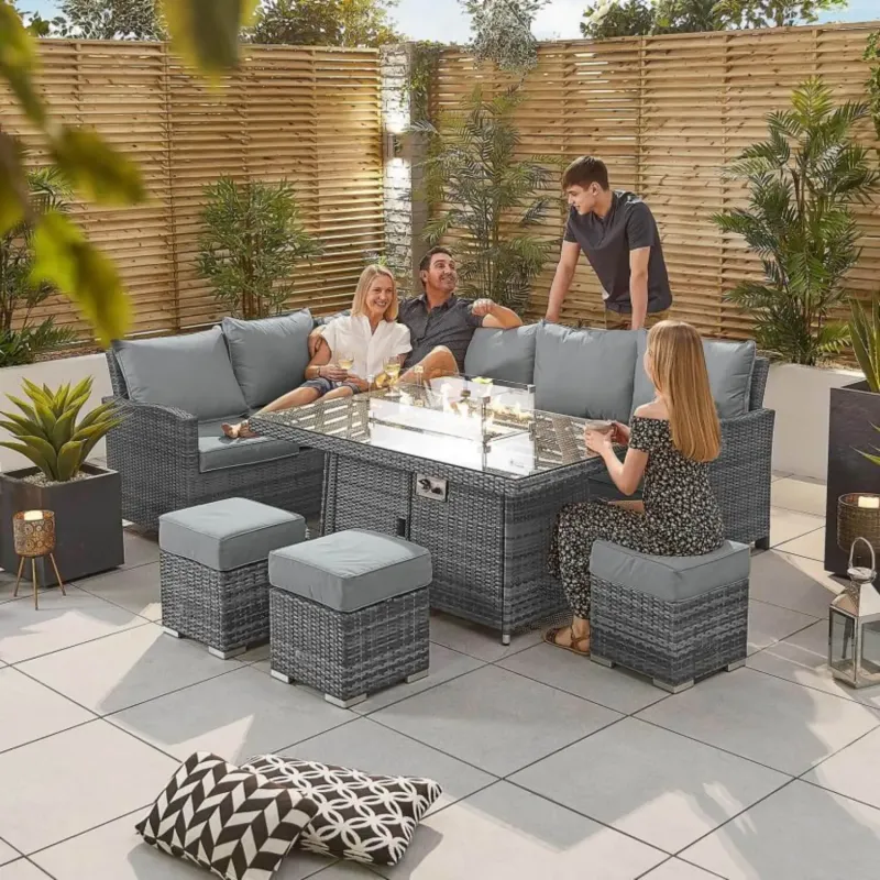 8-Seater Rattan Corner Sofa Set with Rectangular Fire Pit Table and 3 Footstools