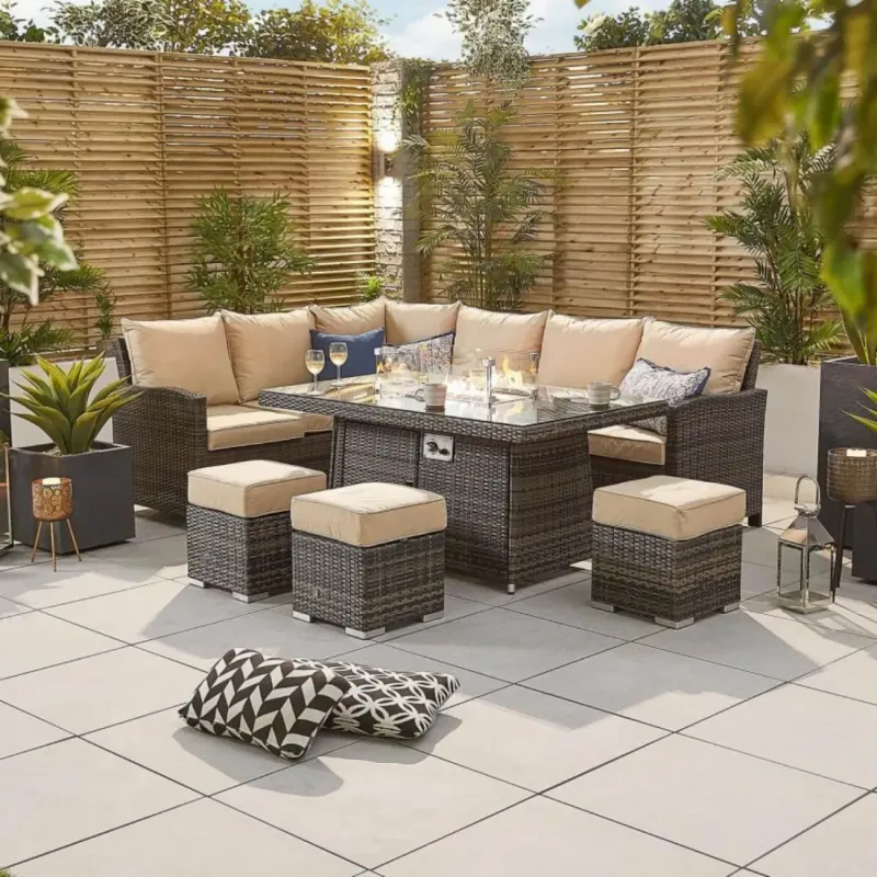 8-Seater Rattan Corner Sofa Set with Rectangular Fire Pit Table and 3 Footstools