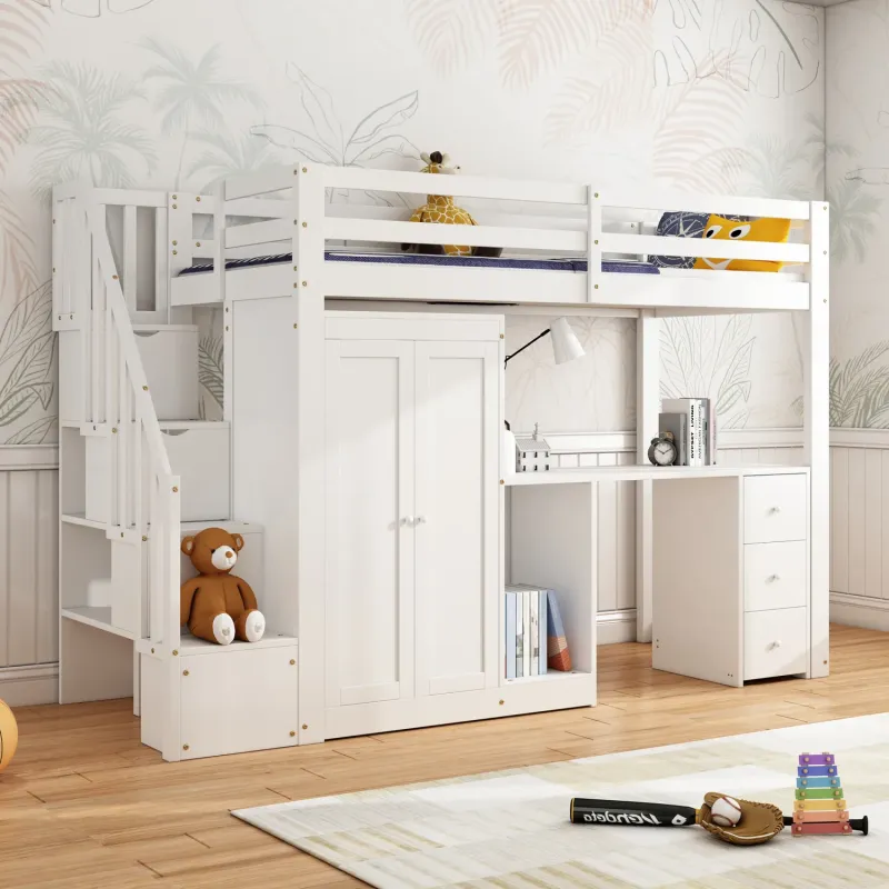White Wood 3FT Single High Sleeper Bed with Wardrobe, Desk and Storage Stairs