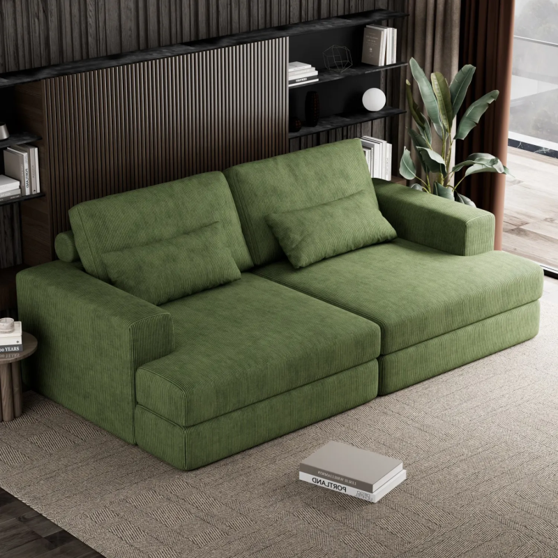 GreenForest Green Corduroy Modular Sectional Sofa with Lying Bed