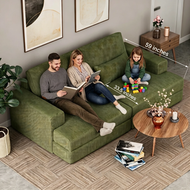 GreenForest Green Corduroy Modular Sectional Sofa with Lying Bed