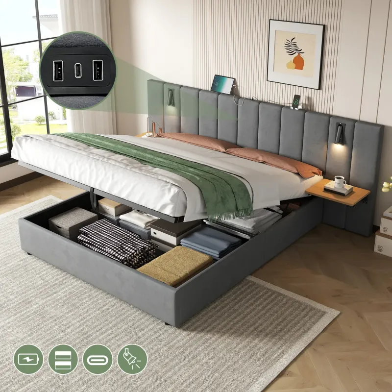 Grey Velvet King Ottoman Bed with Charging Station, Reading Light and Adjustable Shelf