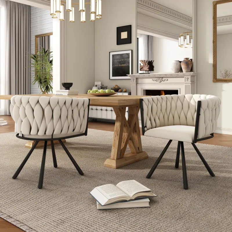 Set of 2 Beige Velvet Swivel Dining Chairs