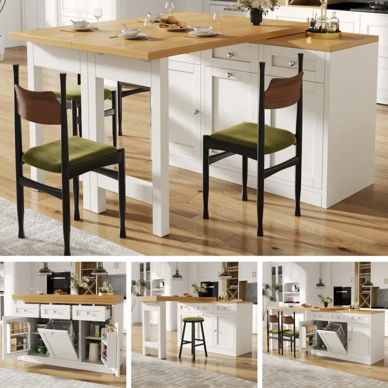 Extendable Bar Table with Storage and Pull-Out Bin Holder, White