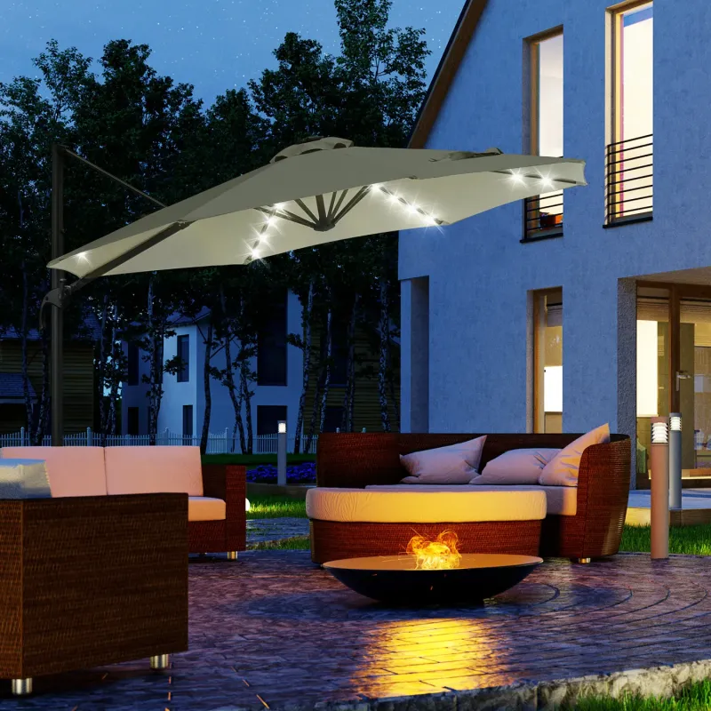  3m LED Cantilever Garden Parasol with 360° Rotation & Solar Lights - Grey