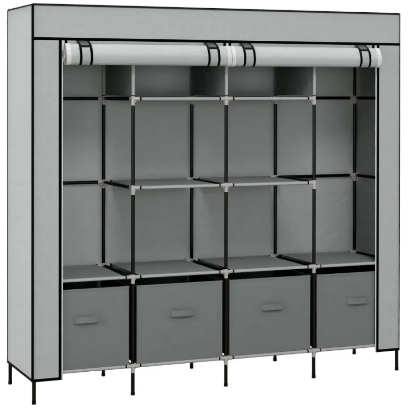 Fabric Wardrobe with 10 Compartments, 2 Hanging Rails & 4 Drawers - Dark Grey