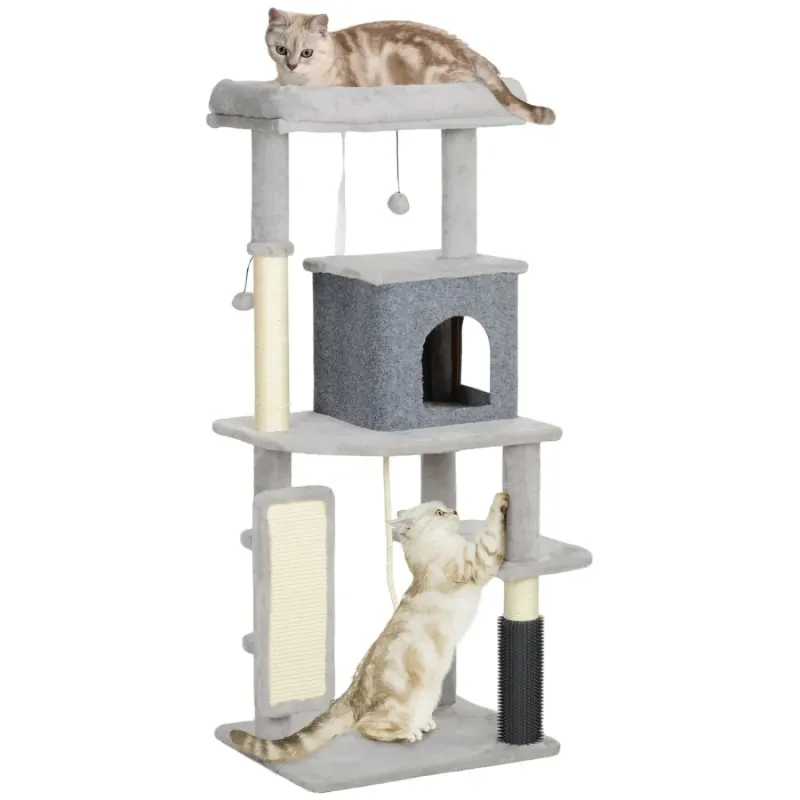 132cm Multi-Level Cat Tree with Grooming Brush and Scratching Posts, Light Grey