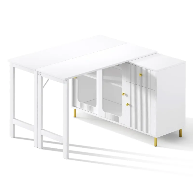 White and Gold Sideboard, 122cm, in White & Gold, with Rotating Extendable Tabletop