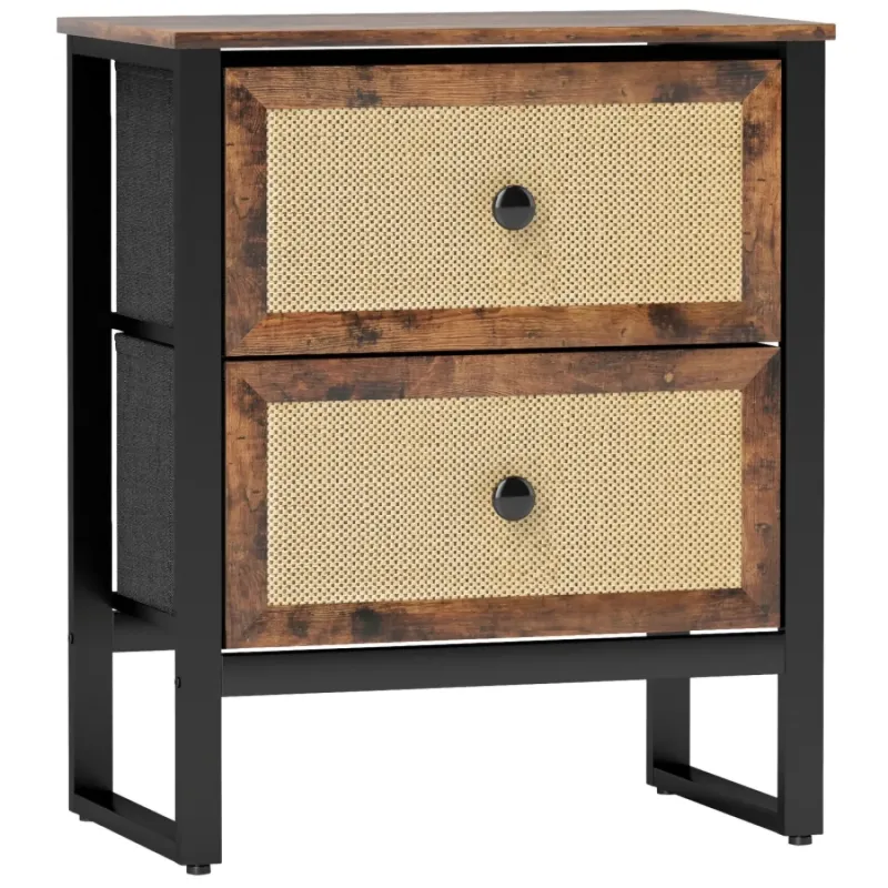 Industrial-Natural Bedside Table with 2 Woven Panel Drawers - Brown