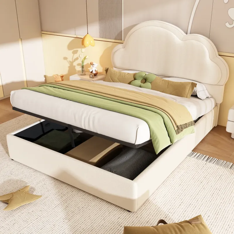 Beige Velvet Double 4ft6 Ottoman Bed with Cloud Headboard and Hydraulic Storage