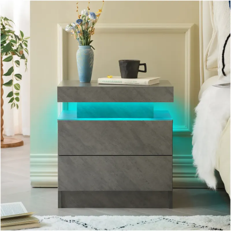 Grey LED Bedside Table with 2 Drawers and Open Shelf