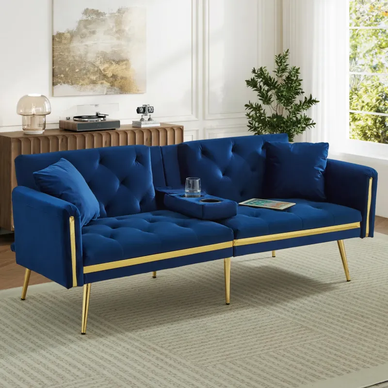 Velvet 2-Seater Sofa Bed with Cup Holders and Gold Metal Legs