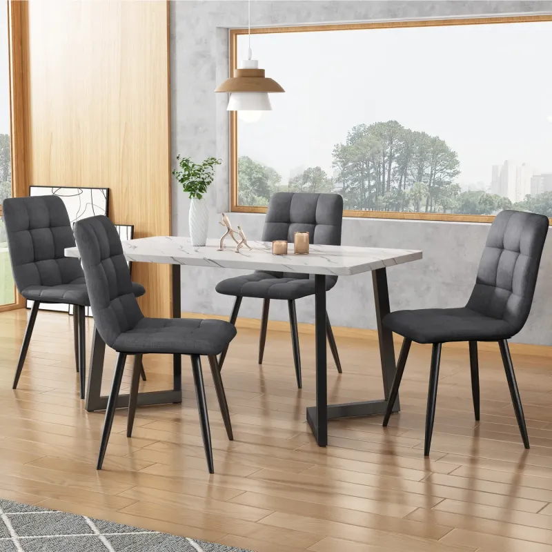 117cm Marble Effect Dining Table and 4 Dark Grey Linen Chairs