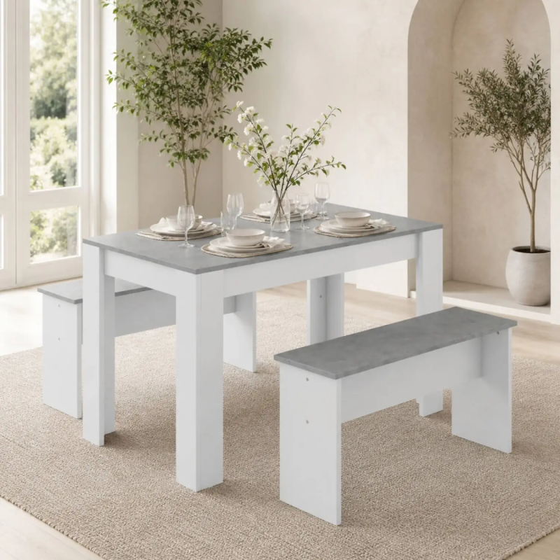 3-Piece White Marble Effect Dining Table and 2 Bench Set