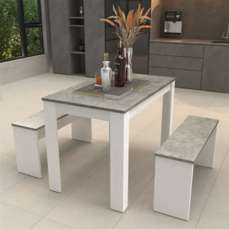 3-Piece Marble Effect Dining Table and Bench Set - White