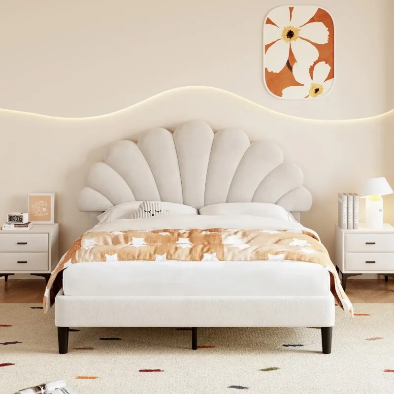 Velvet Upholstered Double Bed Frame with Adjustable Petal Headboard - Beige
