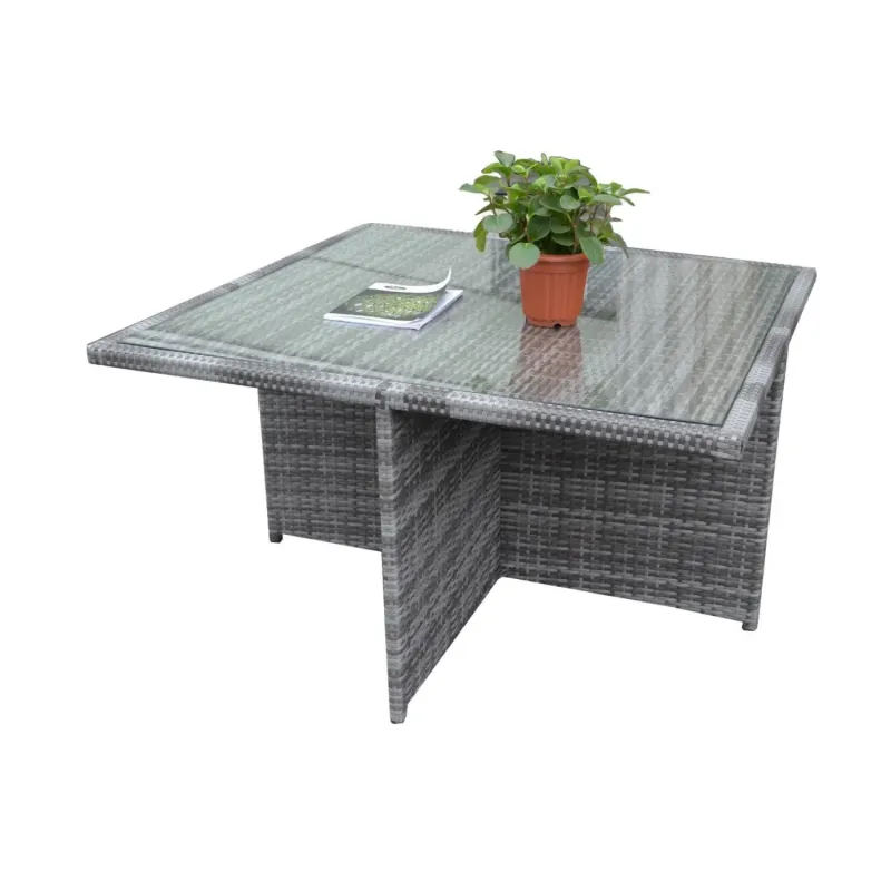 125cm Square Rattan Cube Outdoor Dining Table with Tempered Glass & Parasol Hole