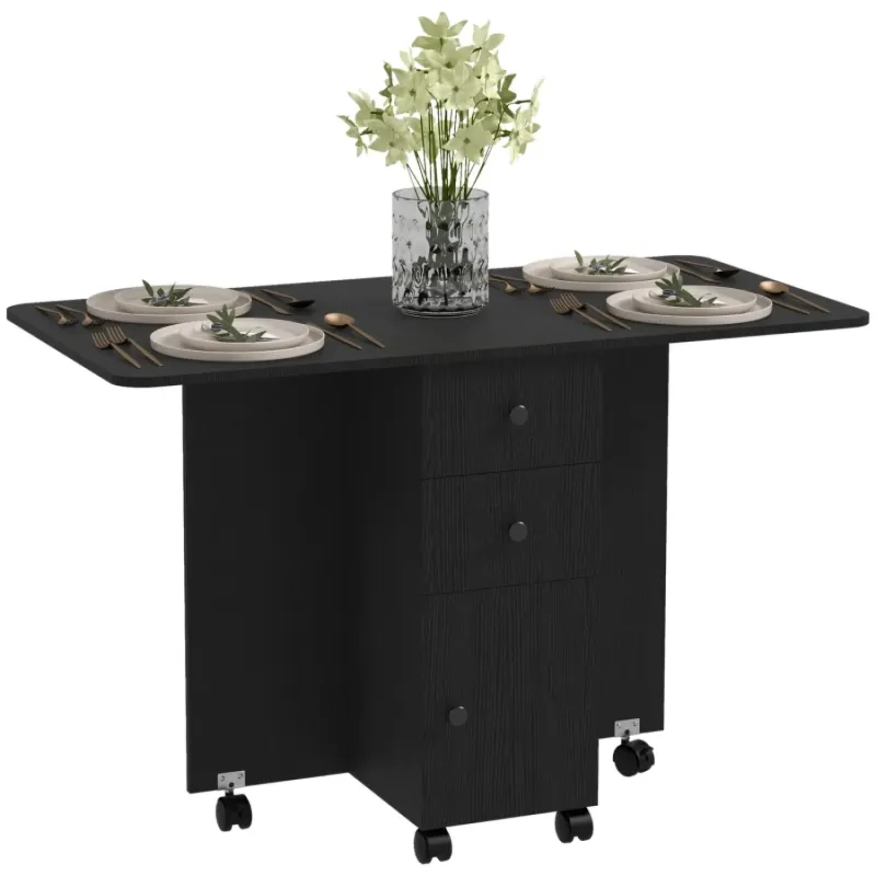 Multi-Storage 6-Person Drop Leaf Dining Table - Distressed Black