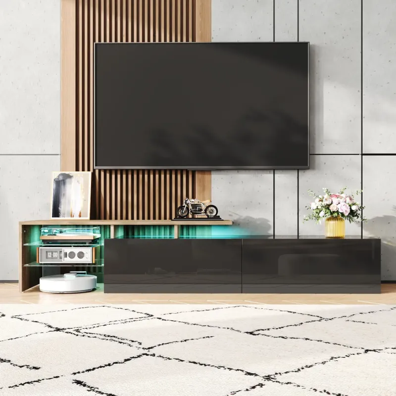 170cm LED TV Stand - Black and Oak Effect Media Unit with High Gloss Doors