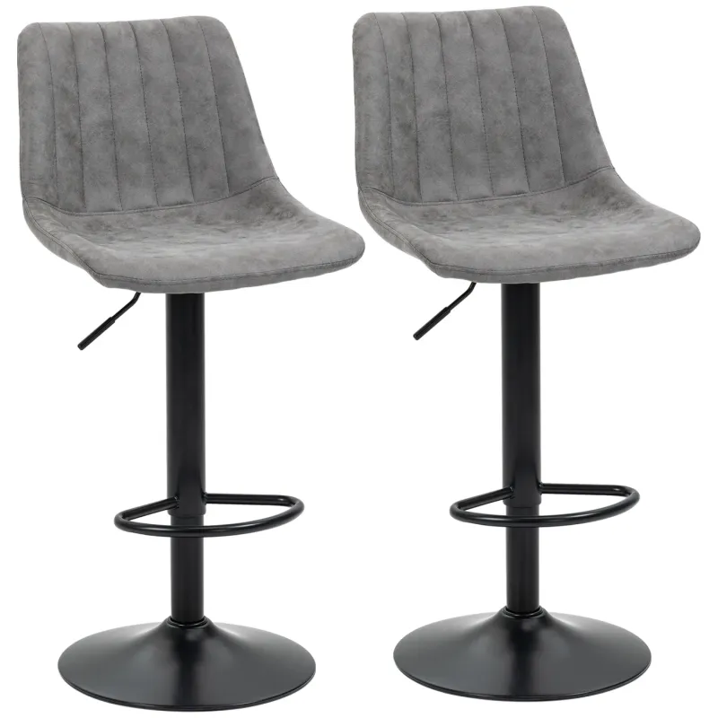 Bar Stools, Set of 2, Microfibre in Grey with Height Adjustable Swivel Seats