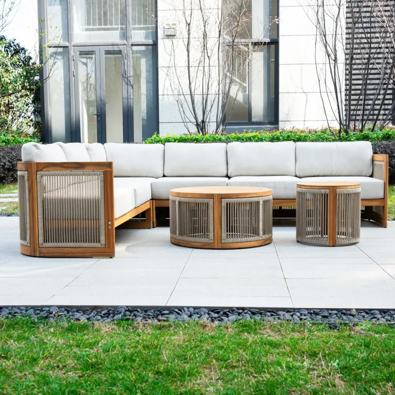 CAVEN 5-Seater Modular Acacia Wood Garden Sofa Set with Adjustable Reclining Seats