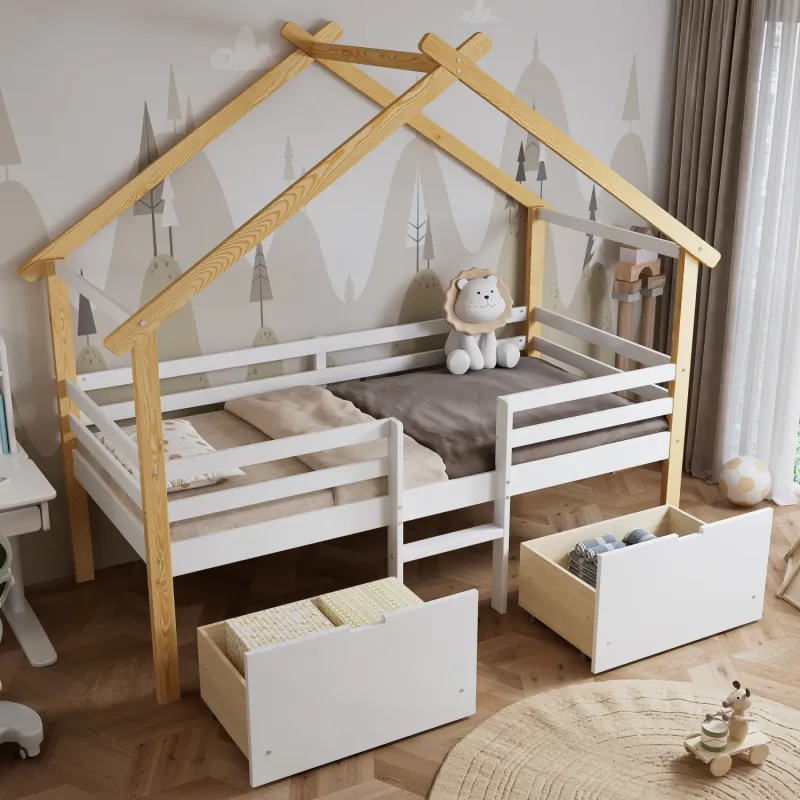 Kids' 3ft Single Wooden House Bed with Under-Bed Storage Drawers - White and Natural