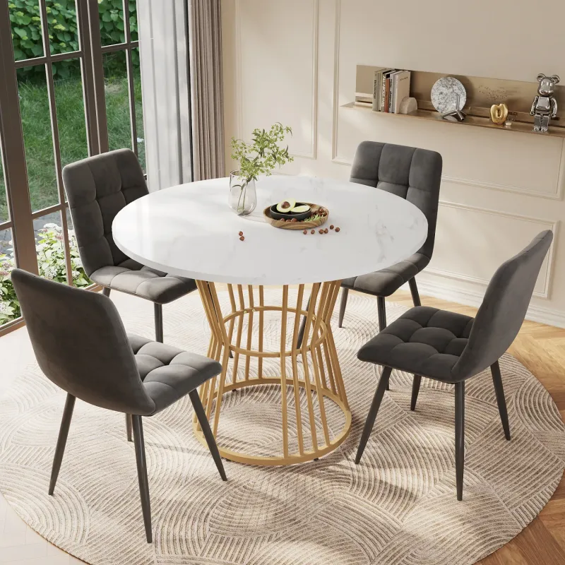 Round Marble Effect Dining Table and 4 Grey Velvet Chairs Set - 100cm