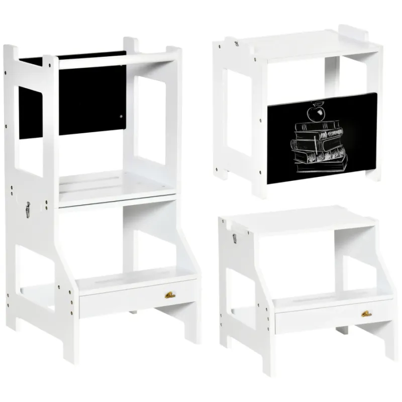 2-in-1 Kids Kitchen Step Stool with Chalkboard & Safety Rail - White