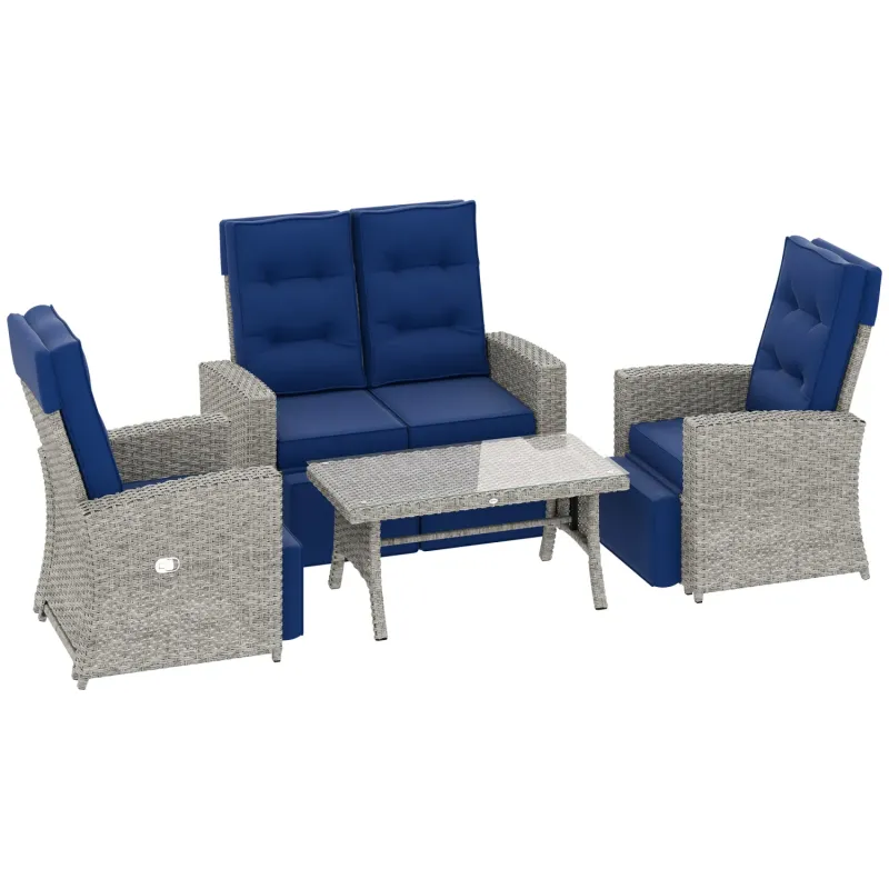  4 Piece Rattan Garden Sofa Set with Reclining Armchairs and Coffee Table - Navy Blue