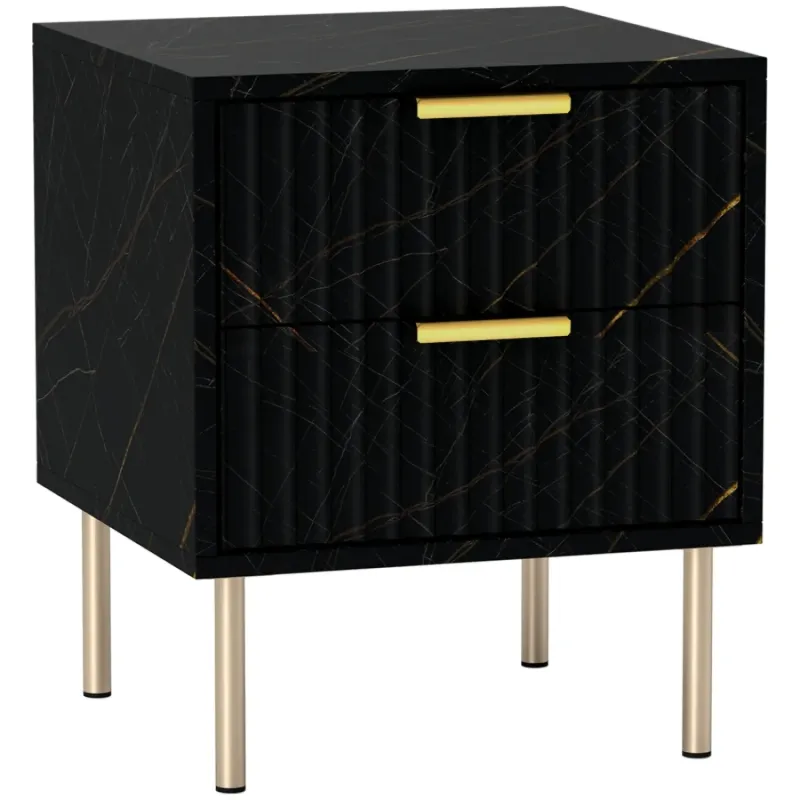Marble Effect 2 Drawer Bedside Table - Black