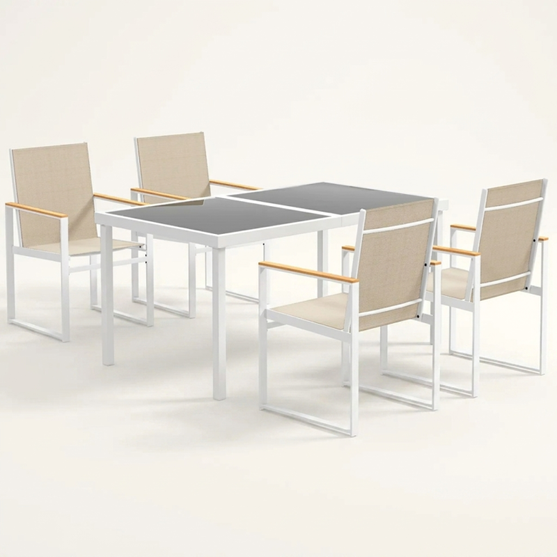 Metal Garden Dining Set, 4 Seater Set, with a Rectangular Table & High-Back Armchairs